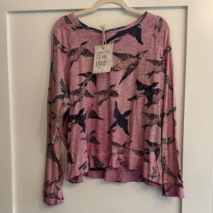 Magnolia Pearl Pink Long Sleeve Cotton Jersey Bird Print Top NWT O/S